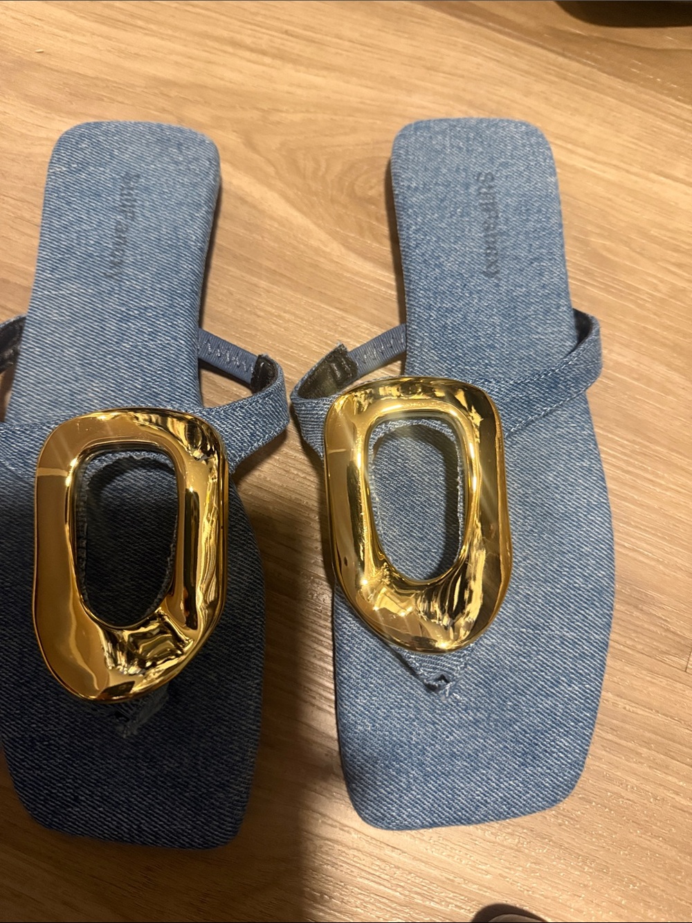 Denim Blue Slide Sandals with Gold Accent